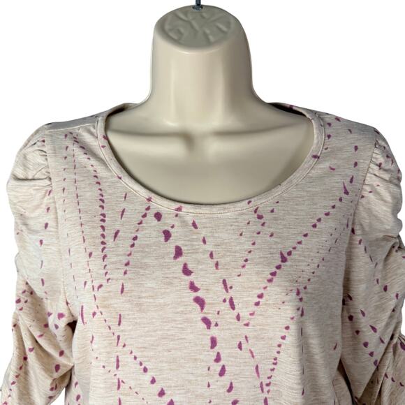 Democracy Top Womens Small Heather Tan Purple Abstract Print Ruched Sleeve - Picture 2 of 16